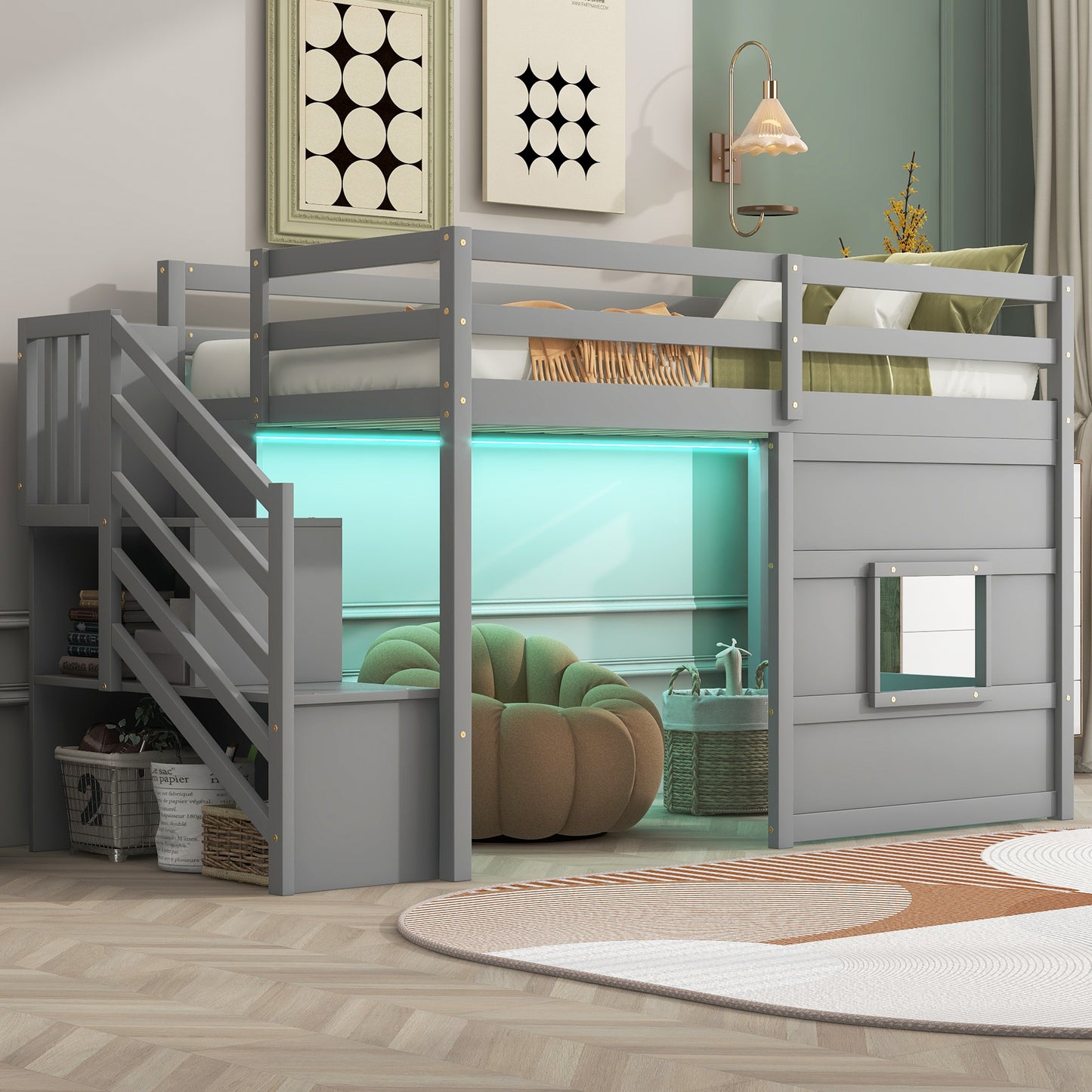 Twin Size Loft Bed with Storage Staircase and Window, With LED Light, Gray image 2