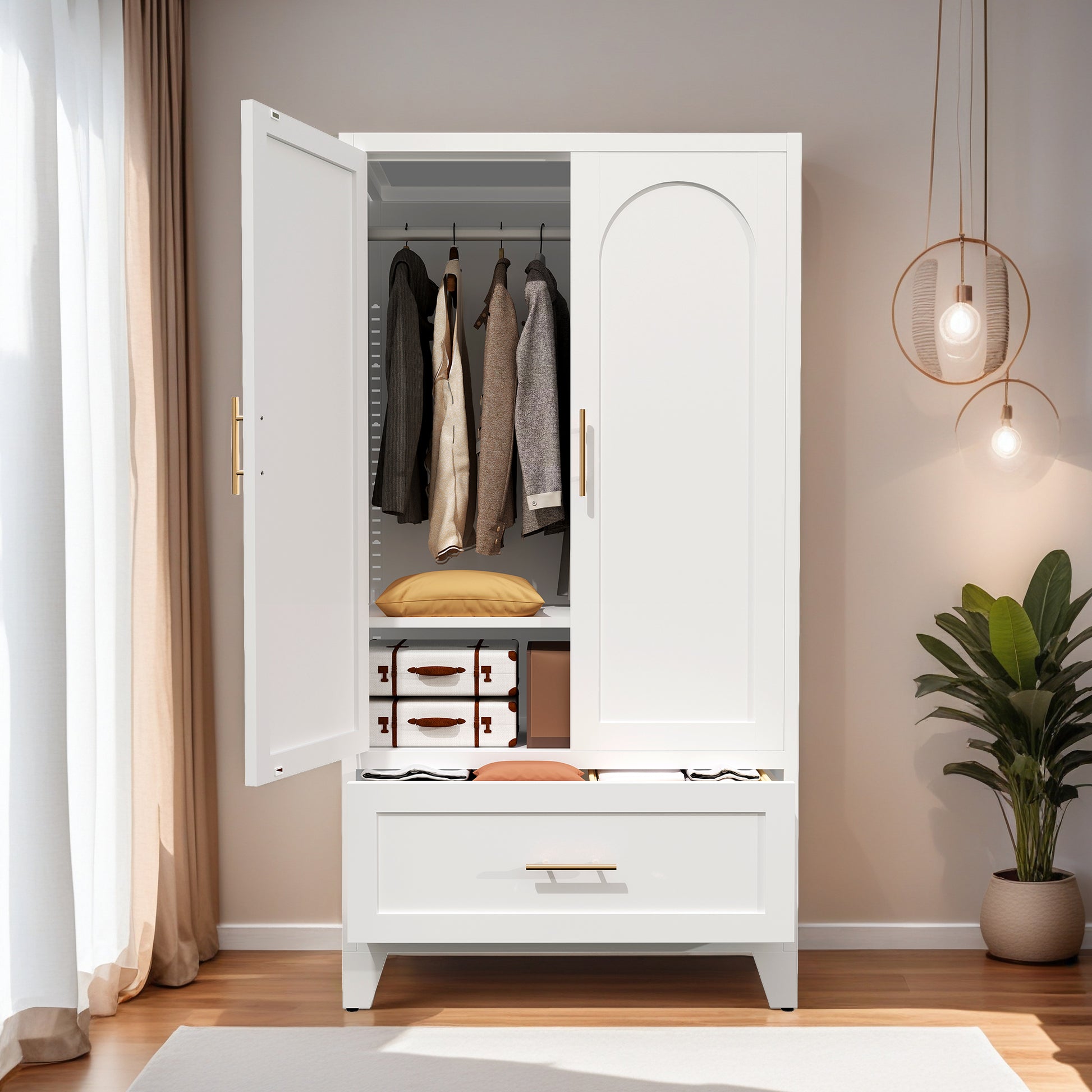 60" Tall Metal Wardrobe Cabinet with 1 Drawer and Hanging Rod, 2 Doors Wardrobe Closet with Shelf for Bedroom, Office, Laundry Room,Entryway,Foyer,Guesthouse (White) image 12