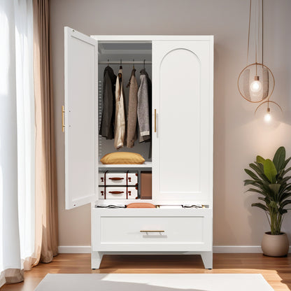 60" Tall Metal Wardrobe Cabinet with 1 Drawer and Hanging Rod, 2 Doors Wardrobe Closet with Shelf for Bedroom, Office, Laundry Room,Entryway,Foyer,Guesthouse (White) image 12