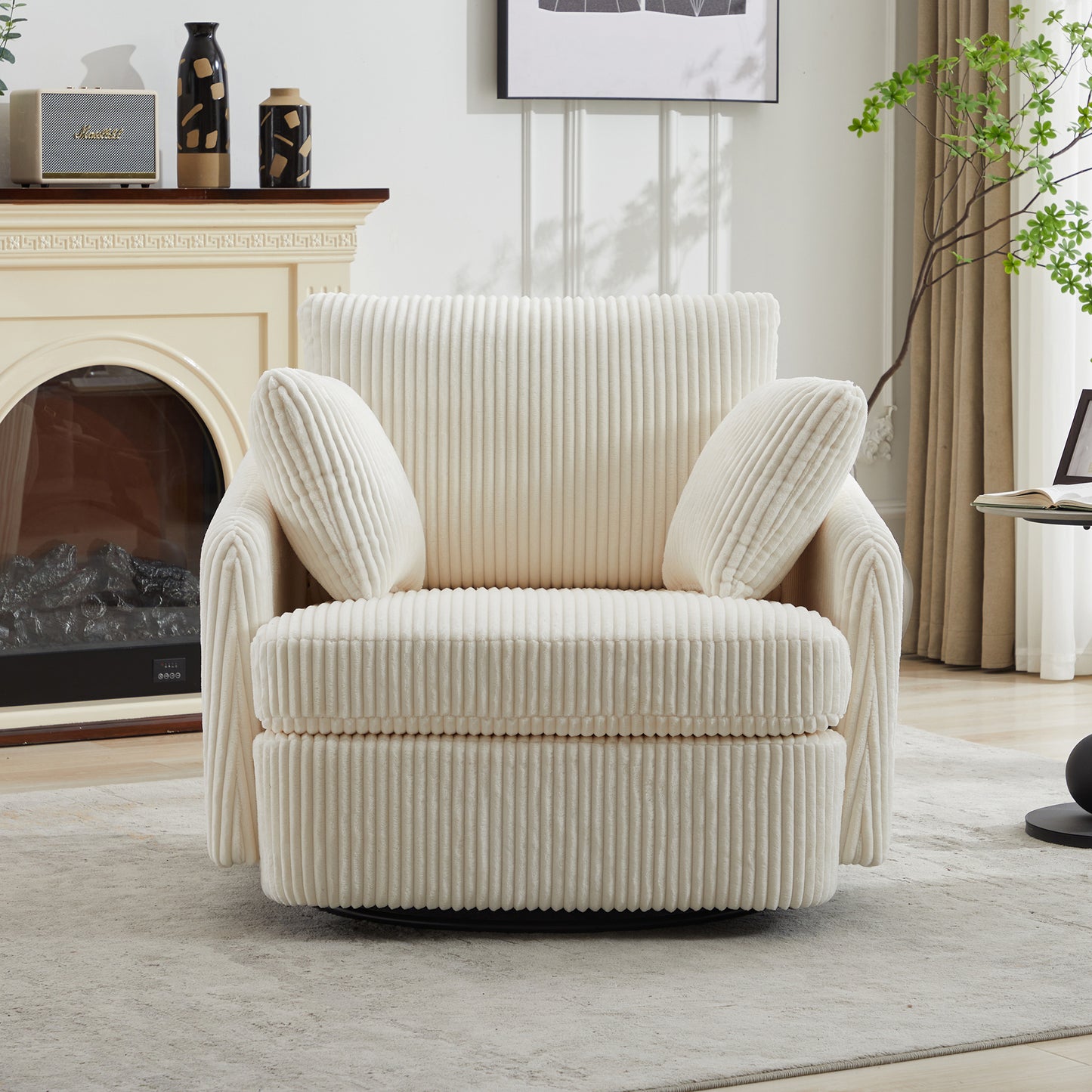 40.55''W Swivel Accent Chair With 2 Thorw Pillows 360 Degree Swivel Round Sofa Modern Oversized Arm Chair Cozy Club Chair for Bedroom Living Room Lounge Hotel, Ivory Corduroy image 4