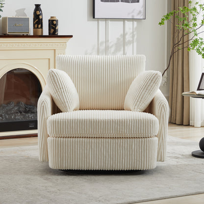 40.55''W Swivel Accent Chair With 2 Thorw Pillows 360 Degree Swivel Round Sofa Modern Oversized Arm Chair Cozy Club Chair for Bedroom Living Room Lounge Hotel, Ivory Corduroy image 4