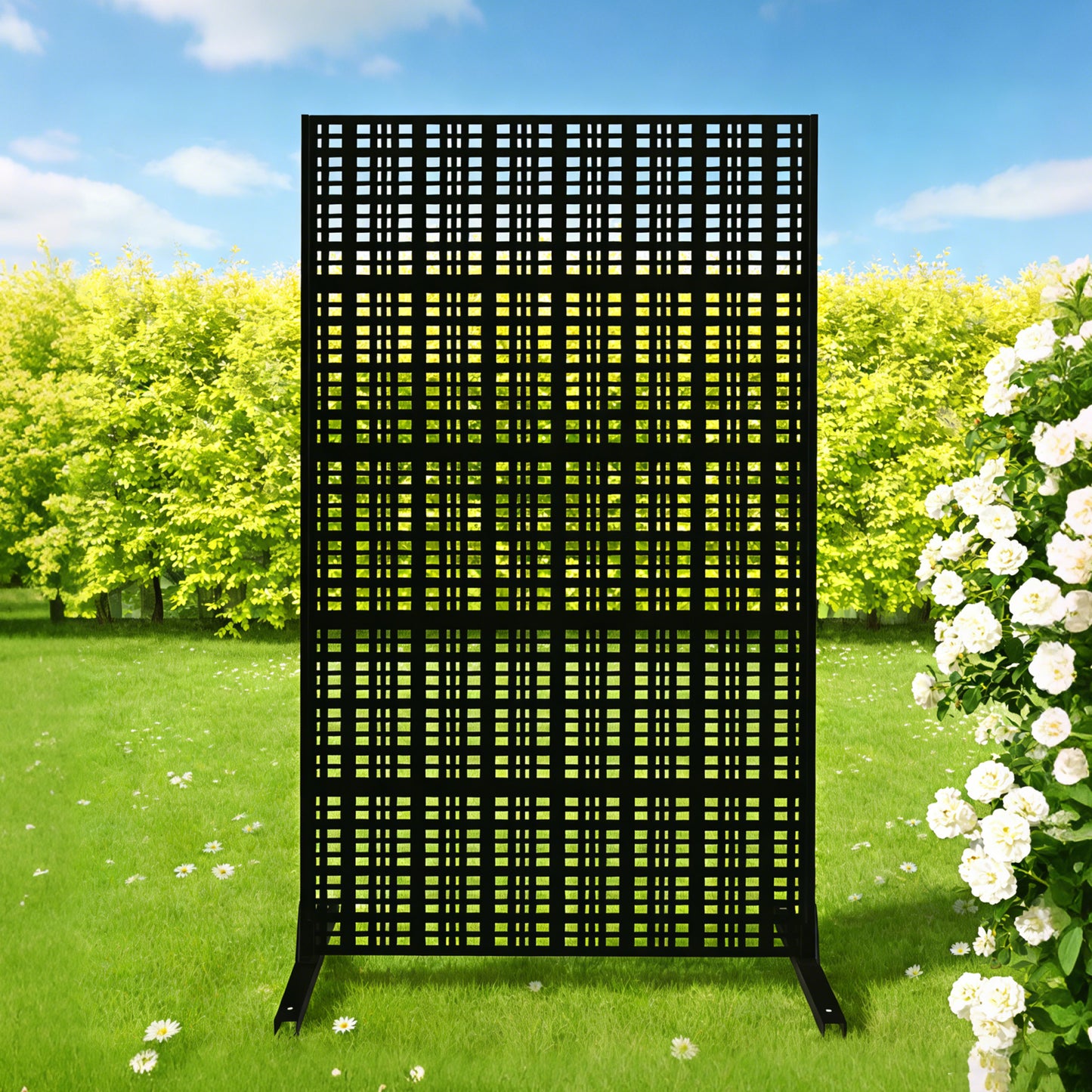 Metal Privacy Screens 72" H x 43.3" W Outdoor and Indoor Divider with Freestanding Decorative Privacy Screen Stylish Divider for Balcony, Patio, Garden & Indoor Spaces, Grid Black image 1
