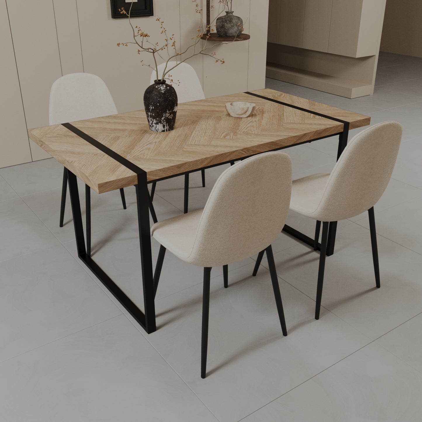 59" MDF light wood dining table and modern dining chair set of 4 pieces, medieval wooden kitchen dining table set, black rectangular metal base, dining table and suede chair set image 4