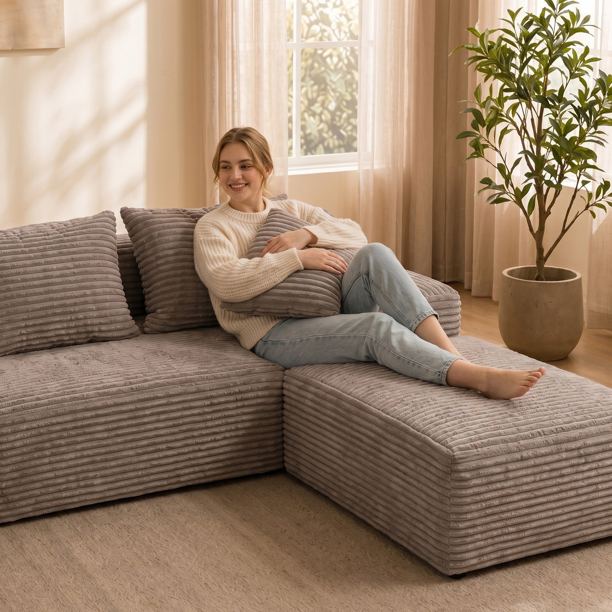 144 inch corduroy U-shaped modular segmented sofa, large seat depth convertible form, with cup holder and storage space, modern Nordic comfortable sofa bed, suitable for large living rooms, apartments image 11
