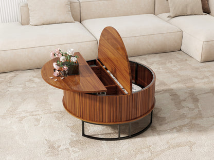 31.5" Round Coffee Table with Storage,Fluted Lift Top Center Table, Midcentury Modern Flip-top Curved Table for Living Room,Walnut image 6