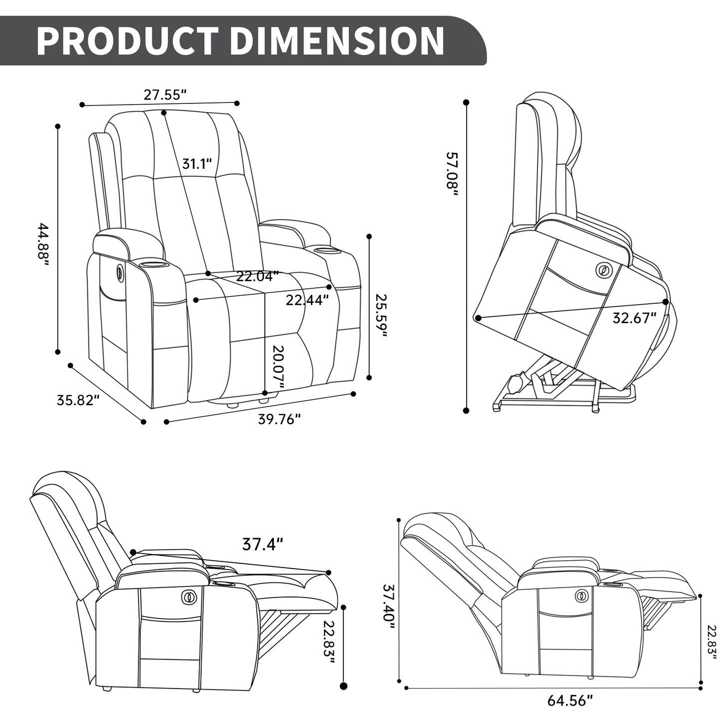 Dark Grey PU lInfinite Position Up to 350 LBS Power Lift Recliner Chair for Elderly, Heavy Duty Motion Mechanism with 8-Point Vibration Massage and Lumbar Heating, USB Charging Port, Cup Holders image 3