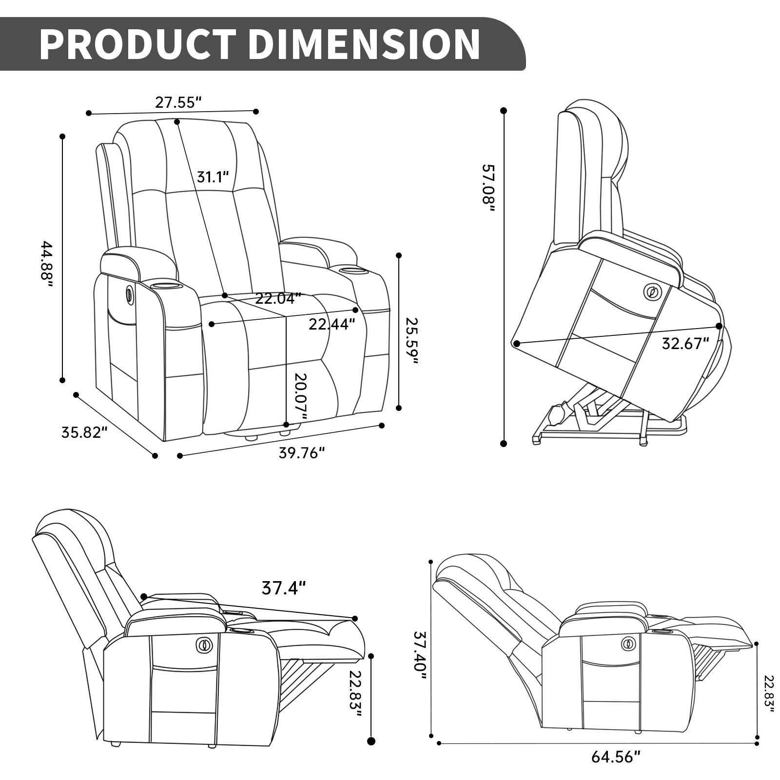 Dark Grey PU lInfinite Position Up to 350 LBS Power Lift Recliner Chair for Elderly, Heavy Duty Motion Mechanism with 8-Point Vibration Massage and Lumbar Heating, USB Charging Port, Cup Holders image 3