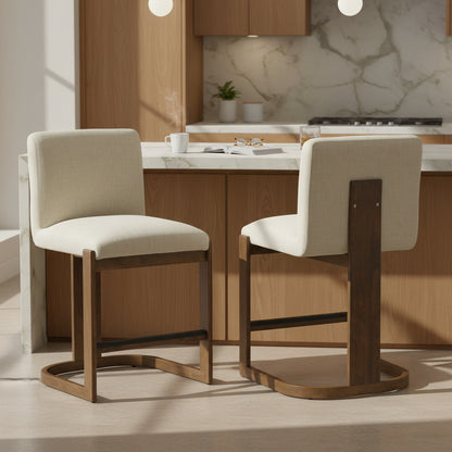 Modern Bar Stools Set of 2, 24" Solid Wood Counter Height Barstools, Linen Upholstered Kitchen Island Chair With Walnut-Finished Wood Legs for Home Bar Coffee Shop,Beige image 1