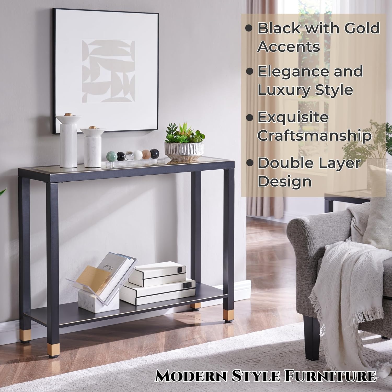 Glass Entryway Table, 2-Tier Entry Way Console Entrance Table, 41"L Narrow Sofa Table with Shelves, Ideal for Hallway, Entryway, Living Room, Foyer, Corridor, and Office (Gold & Black) image 2
