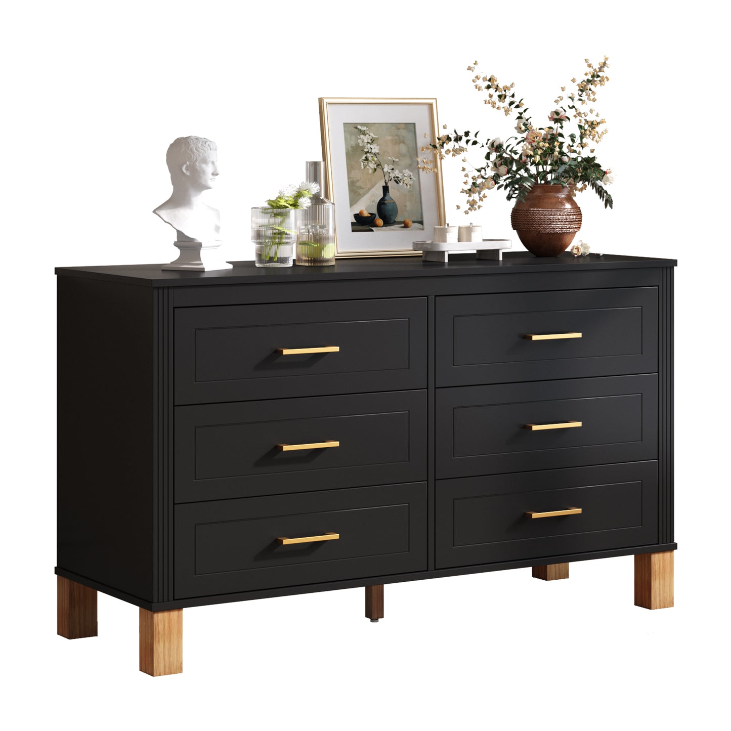 6-Drawer Double Dresser, Modern Storage Cabinet with Metal Handles & Solid Wood Legs, Dresser Drawer Organizer for Kids Bedroom, Heavy-Duty Wooden Dresser with Pre-Installed,Black image 10
