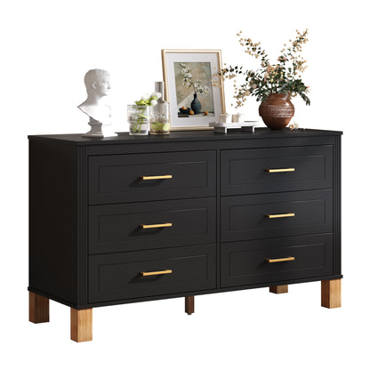 6-Drawer Double Dresser, Modern Storage Cabinet with Metal Handles & Solid Wood Legs, Dresser Drawer Organizer for Kids Bedroom, Heavy-Duty Wooden Dresser with Pre-Installed,Black image 10