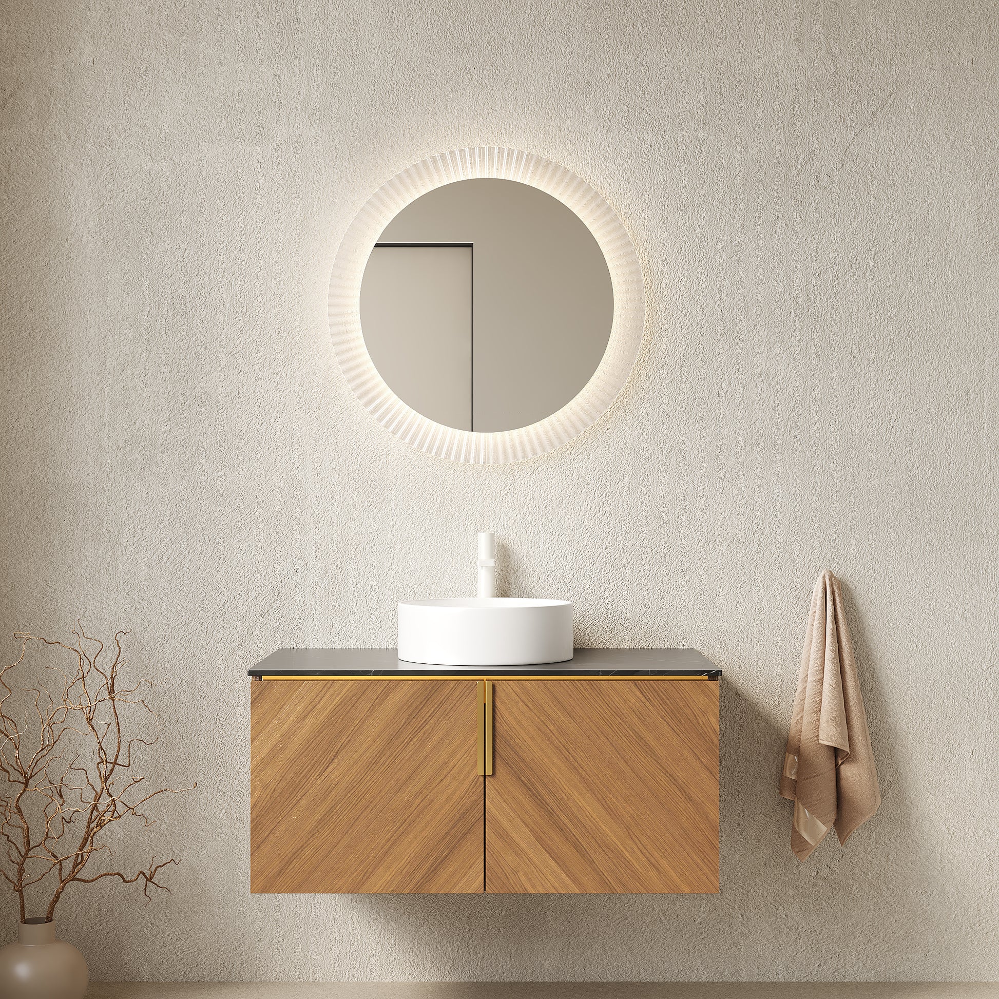 ARAI 36" Bathroom Vanity with Sink, Wall-Mounted Plywood Bathroom Storage Cabinet with Double Doors, Black Sintered Stone Countertop and White Round Ceramic Vessel Basin, Brown Oak Woodgrain Color image 1
