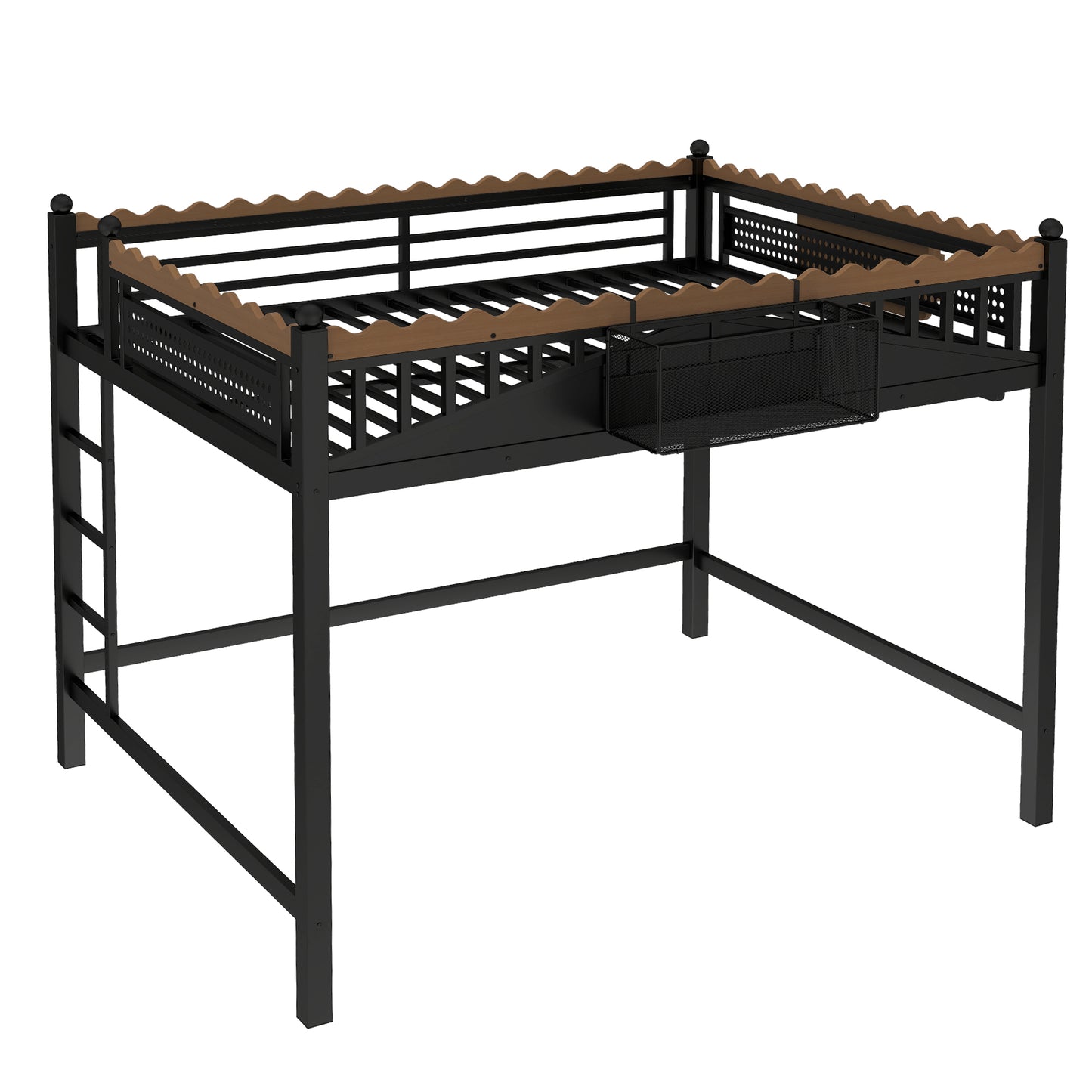 Queen Size Loft Bed with Ladders, Metal Loft Bed with Storage Shelves and bookshelf, No Box Spring Needed and Chic Design, Black image 7