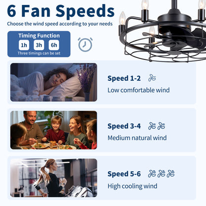 20" Industrial Ceiling Fan with Lights, Farmhouse Fandelier with 6 E12 Sockets, Reversible DC Motor, 6 Speeds Remote Control Ceiling Fan for Dining Room Kitchen Bedroom image 9