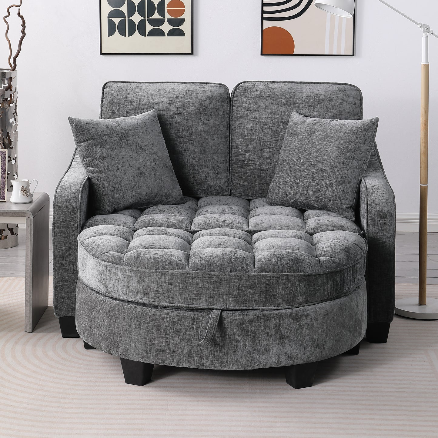 Two-seater sofa, double sofa chaise longue, with irregular armrests and backrests, footrest with storage space, comes with two small throw pillows, suitable for living room and bedroom - Grey image 4