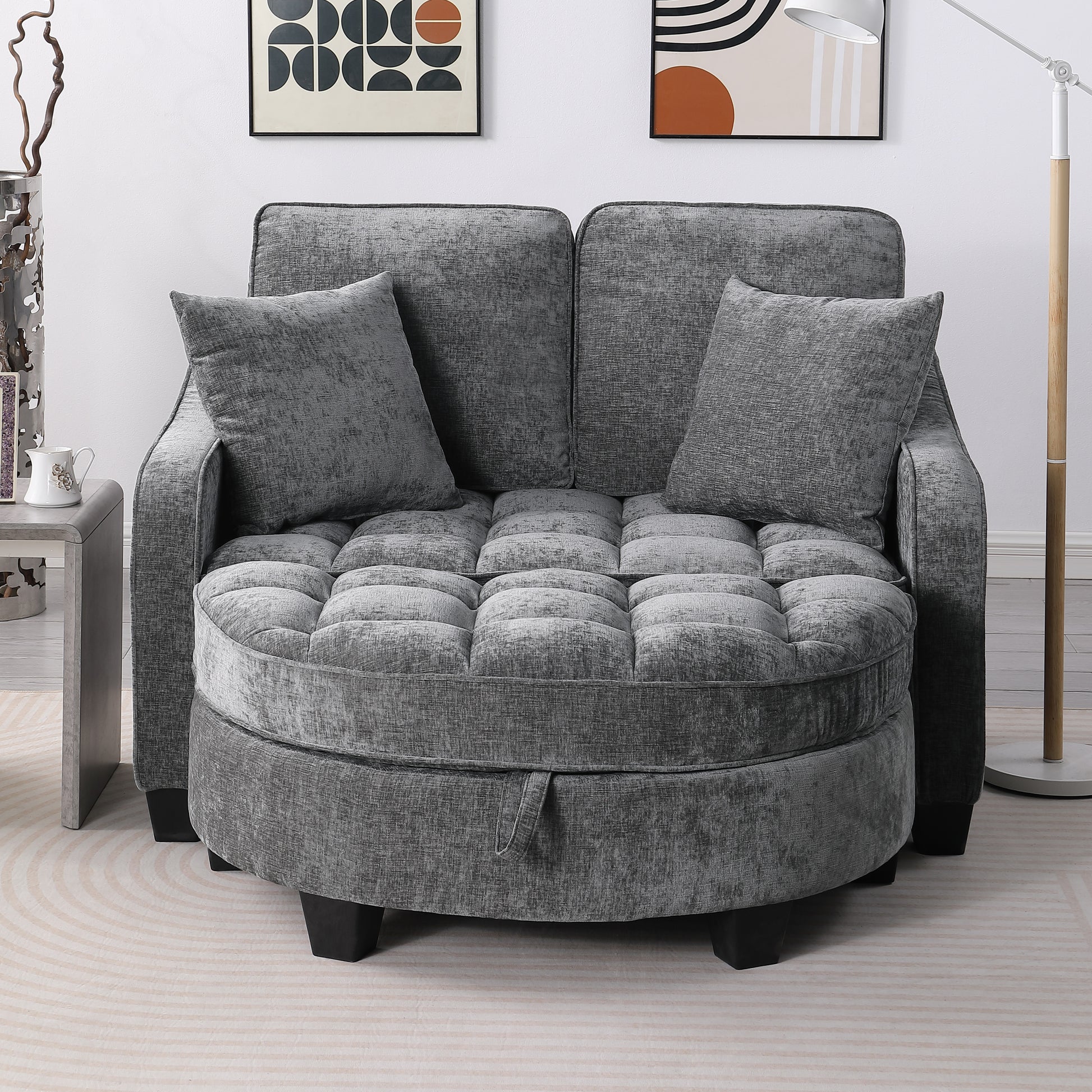 Two-seater sofa, double sofa chaise longue, with irregular armrests and backrests, footrest with storage space, comes with two small throw pillows, suitable for living room and bedroom - Grey image 4