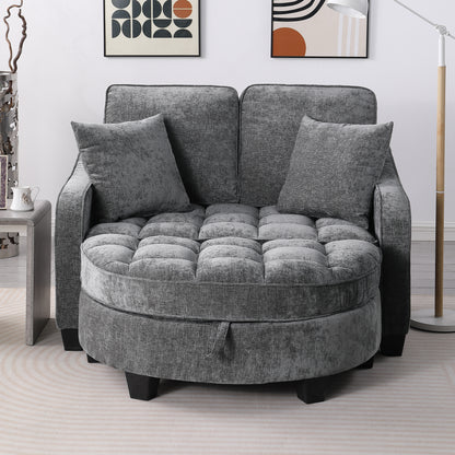 Two-seater sofa, double sofa chaise longue, with irregular armrests and backrests, footrest with storage space, comes with two small throw pillows, suitable for living room and bedroom - Grey image 4