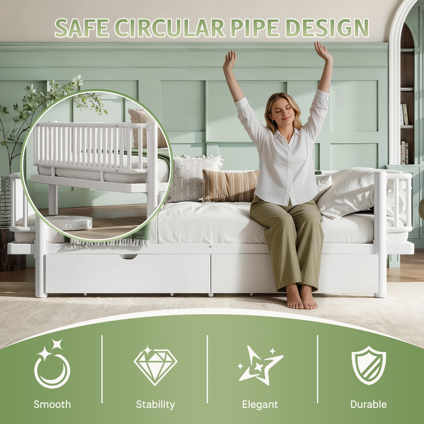 Queen Size Platform Bed with Storage Drawers, Metal Daybed Frame with Upgraded Safety Round-Pipe Design, Low Profile Design, White image 9