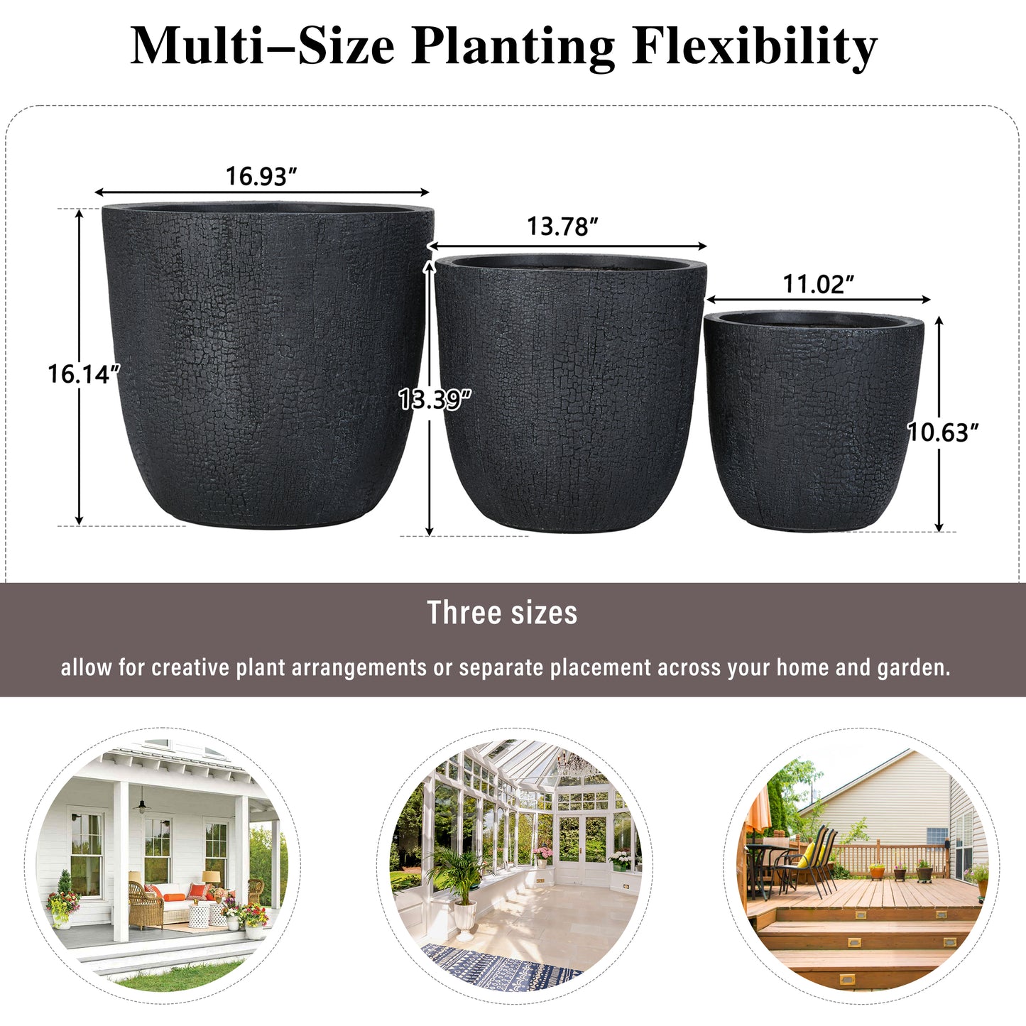 U_STYLE Lightweight MGO Planter Set of 3,16.93"+13.78"+11.02" Dia Round Concrete Stackable Flower Pots with Drainage Holes and Rubber Plug,Crackle Stone Texture for Patio Garden Balcony Indoor Outdoor image 7