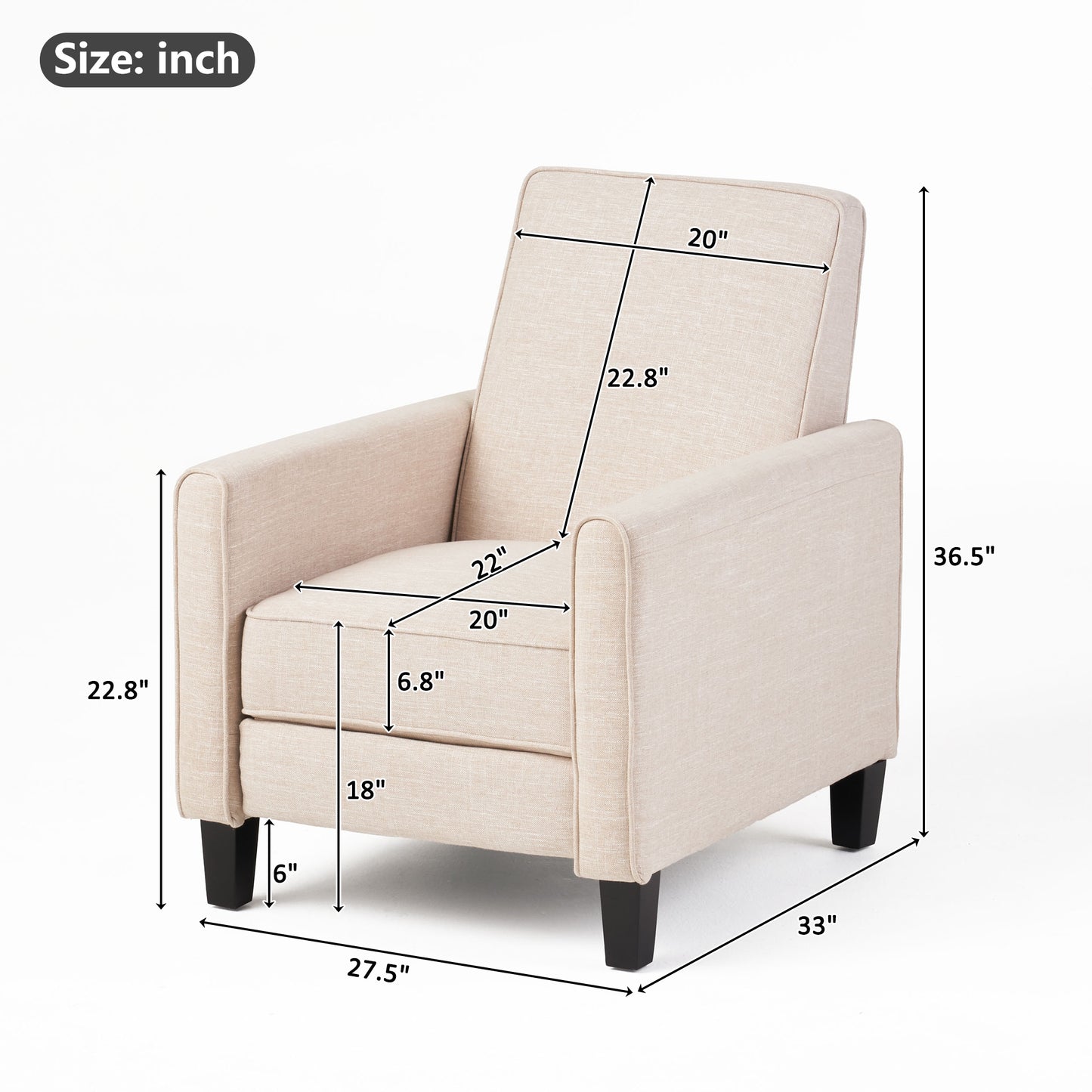 27.5" Push Back Recliner Chair Upholstered Recliner Armchair with Solid Beech Wood Legs for Living Room and Bedroom(Old SKU:52422.00FLBEI), Light Beige image 2