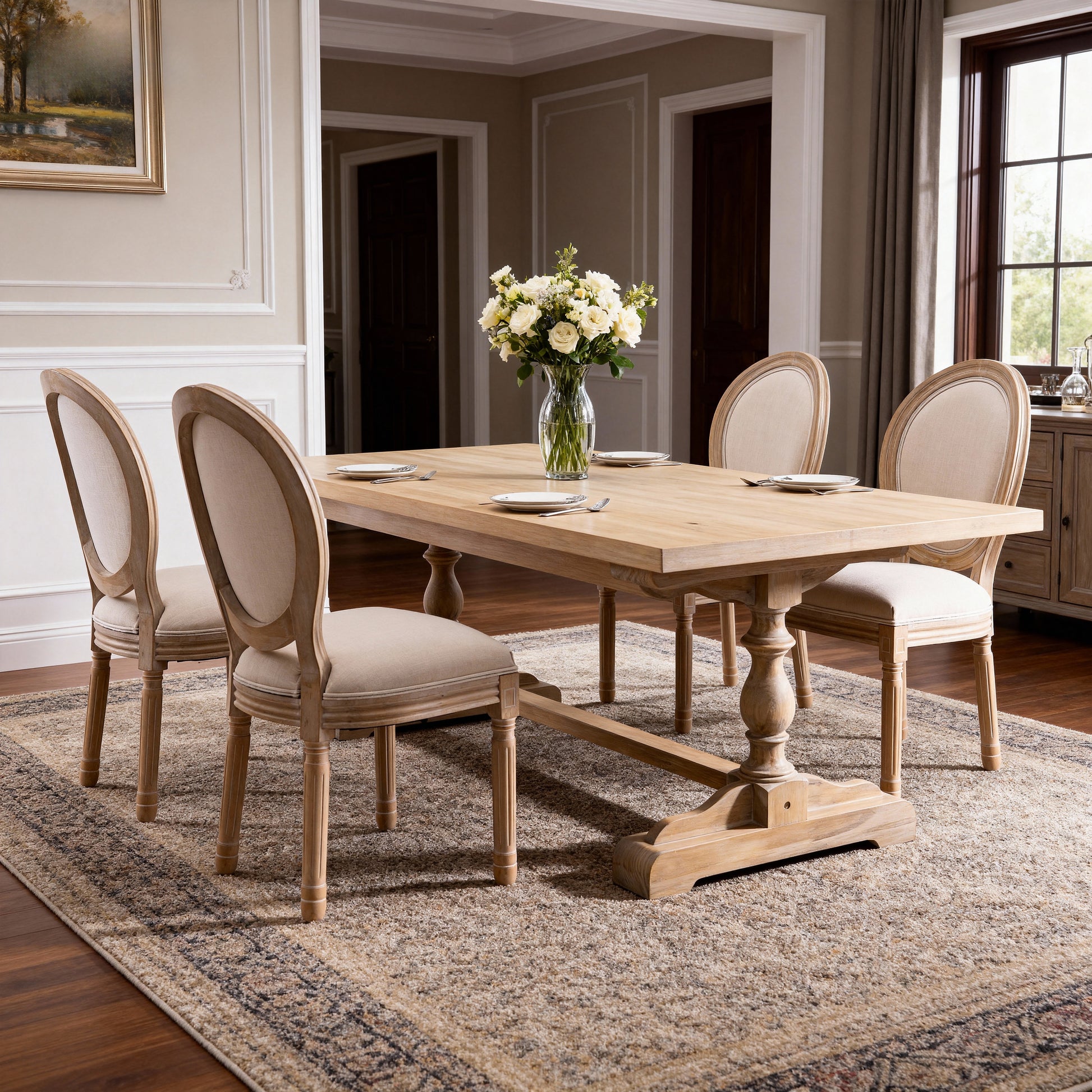 French Style Solid Wood Frame Linen Fabric Oval Back Dining Chair,Set of 2,Beige image 5