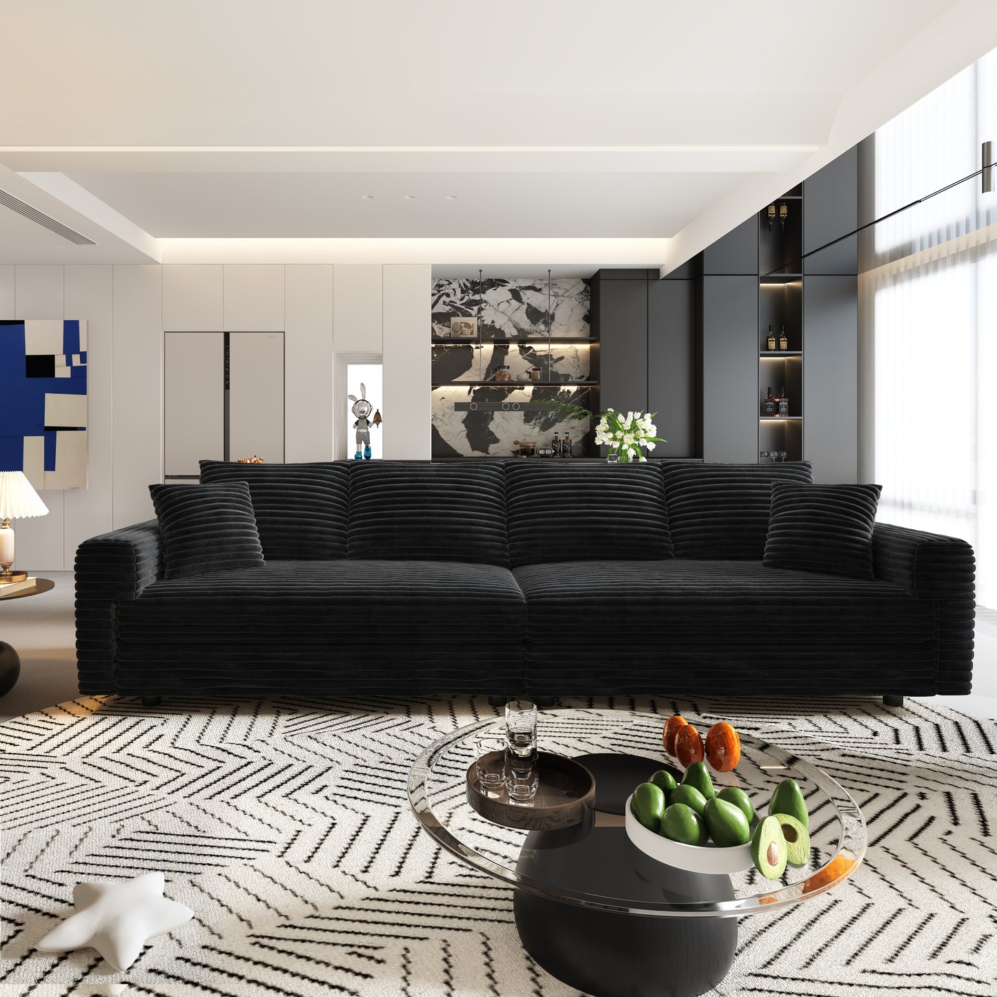 102.4 "Plush Corduroy 4-Seat Sofa,Modern Comfy Upholstered Sofa Cloud Couch,Deep Seat Couches with Soft Pillows and Movable Ottoman,Convertible Sofa Lounge Chair,Black(Old SKU:W1885S00277) image 4