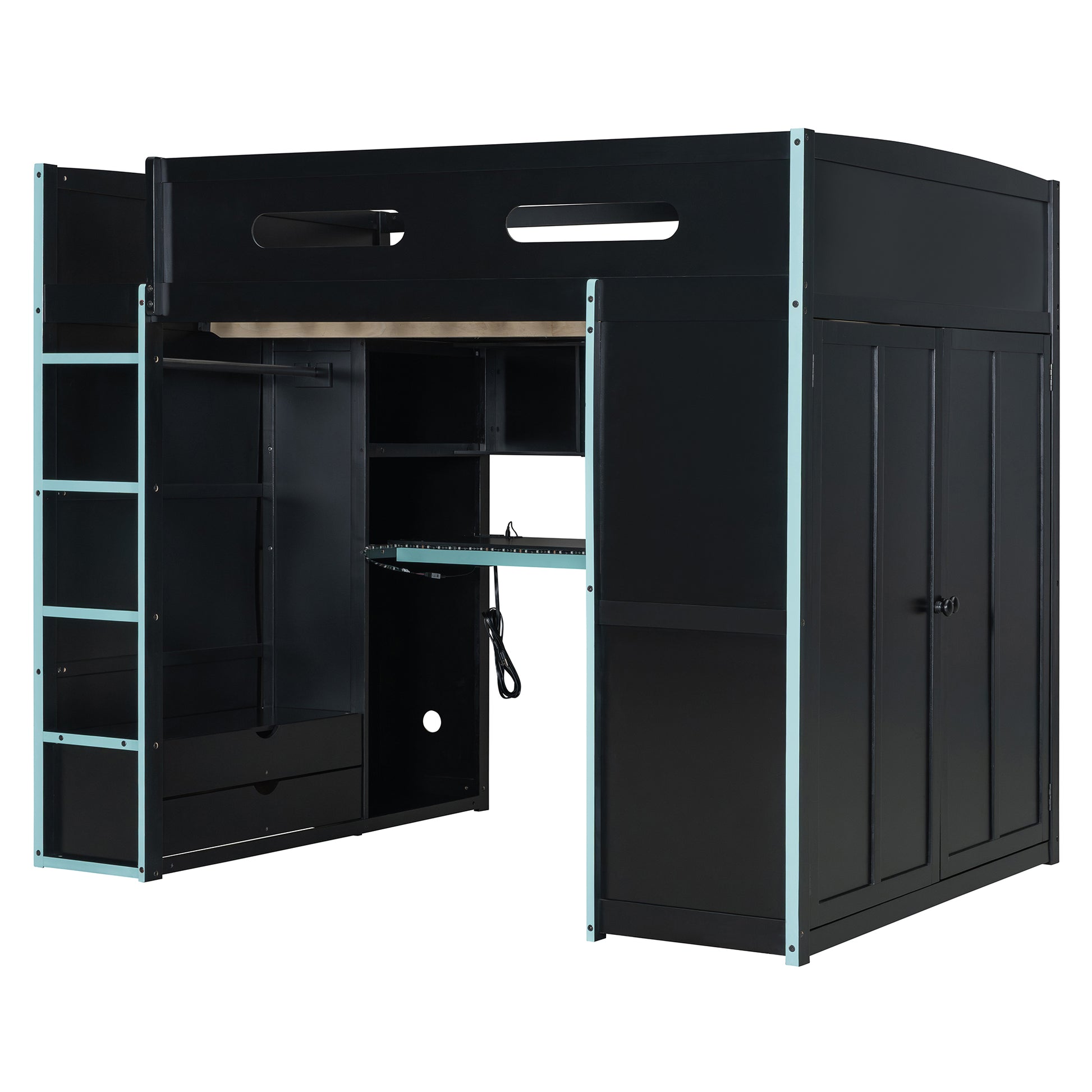 Full Size Wood Loft Bed with Desk,Wardrobe,Ample Storage Space,and RGB Light, Cloud Blue(OLD SKU:LT000261AAC) image 7