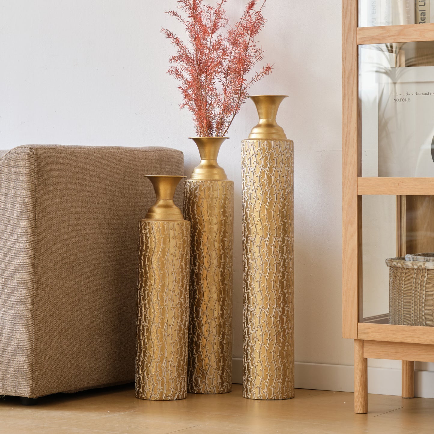 Metal decorative vases High distress metal center vases with growing vine patterns, set of 3 vases for home decoration 34 ", 29 ", 25 "H, gold image 3
