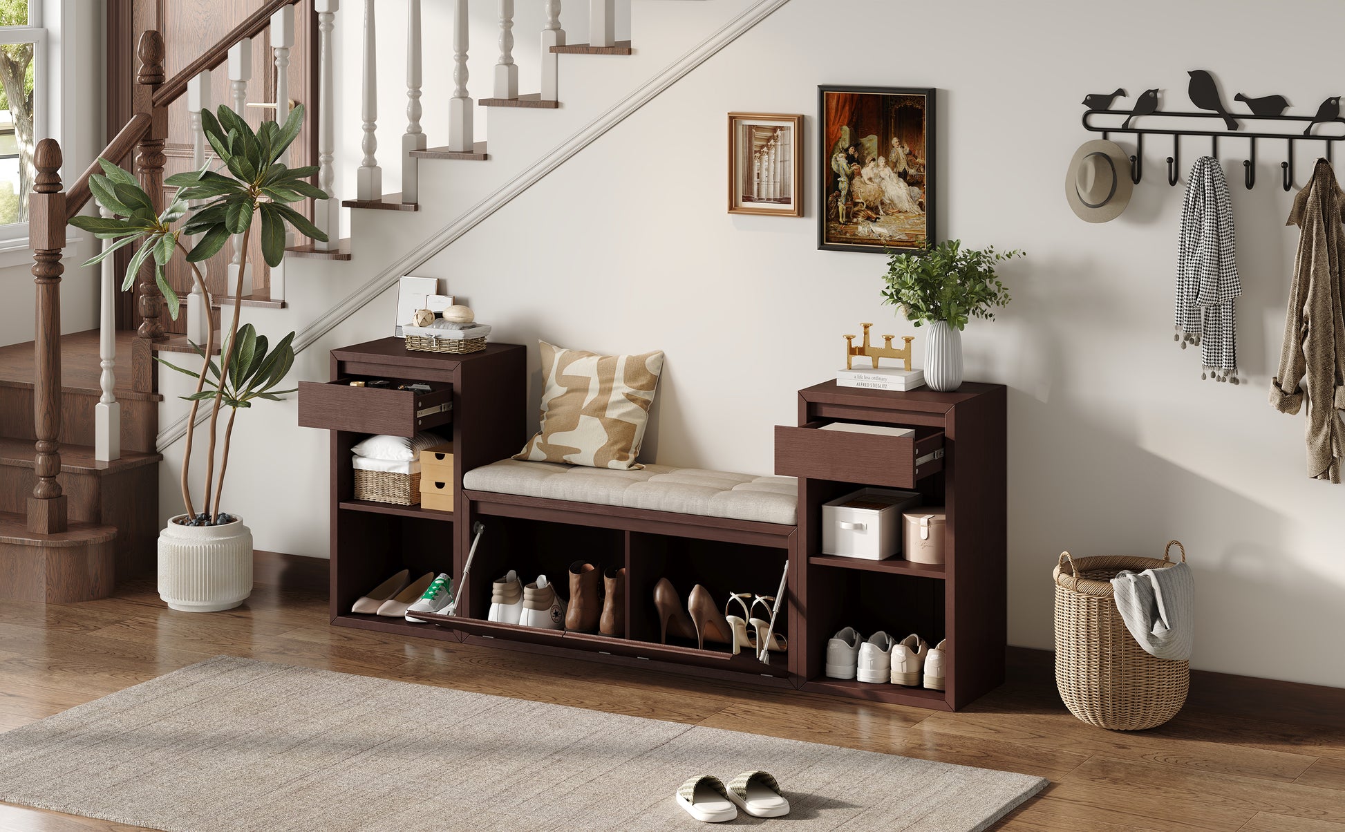 TREXM All-in-One Entryway Storage Bench with Cushion, Compartments, Drawers & Open Shelves, Storage Bench for Hallway, Mudroom, Living Room(Espresso) image 2