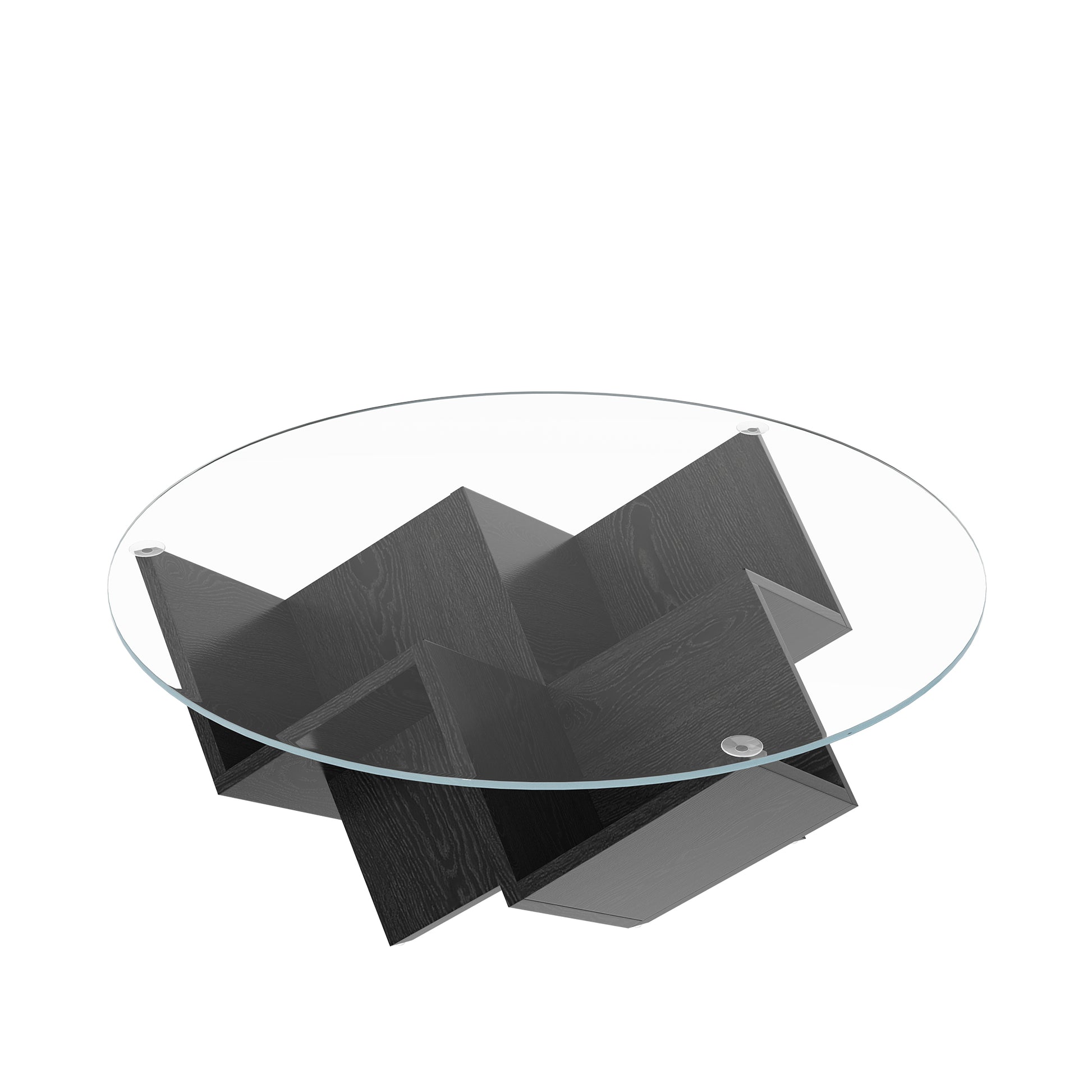 The Round Coffee Table with Glass Top and Geometric Abstract Art Deco Base Storage Shelves, Black, 35.4" image 12
