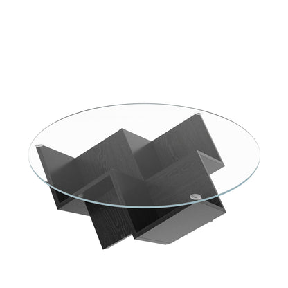 The Round Coffee Table with Glass Top and Geometric Abstract Art Deco Base Storage Shelves, Black, 35.4" image 12