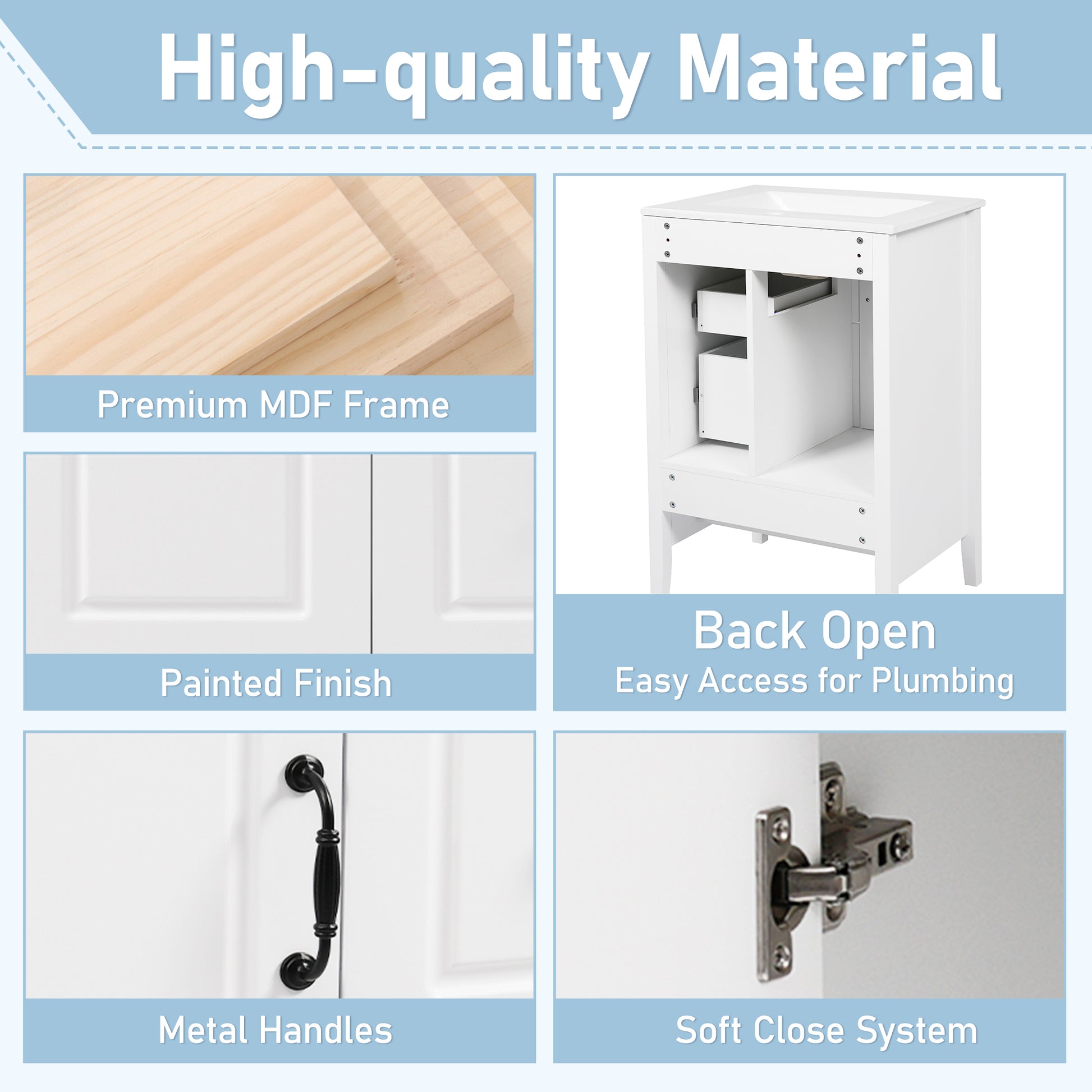 24 inch Bathroom Vanity with Sink, One Cabinet with Soft-closing Door, 3 Soft-closing Drawers, Retro Metal Handles, White image 7