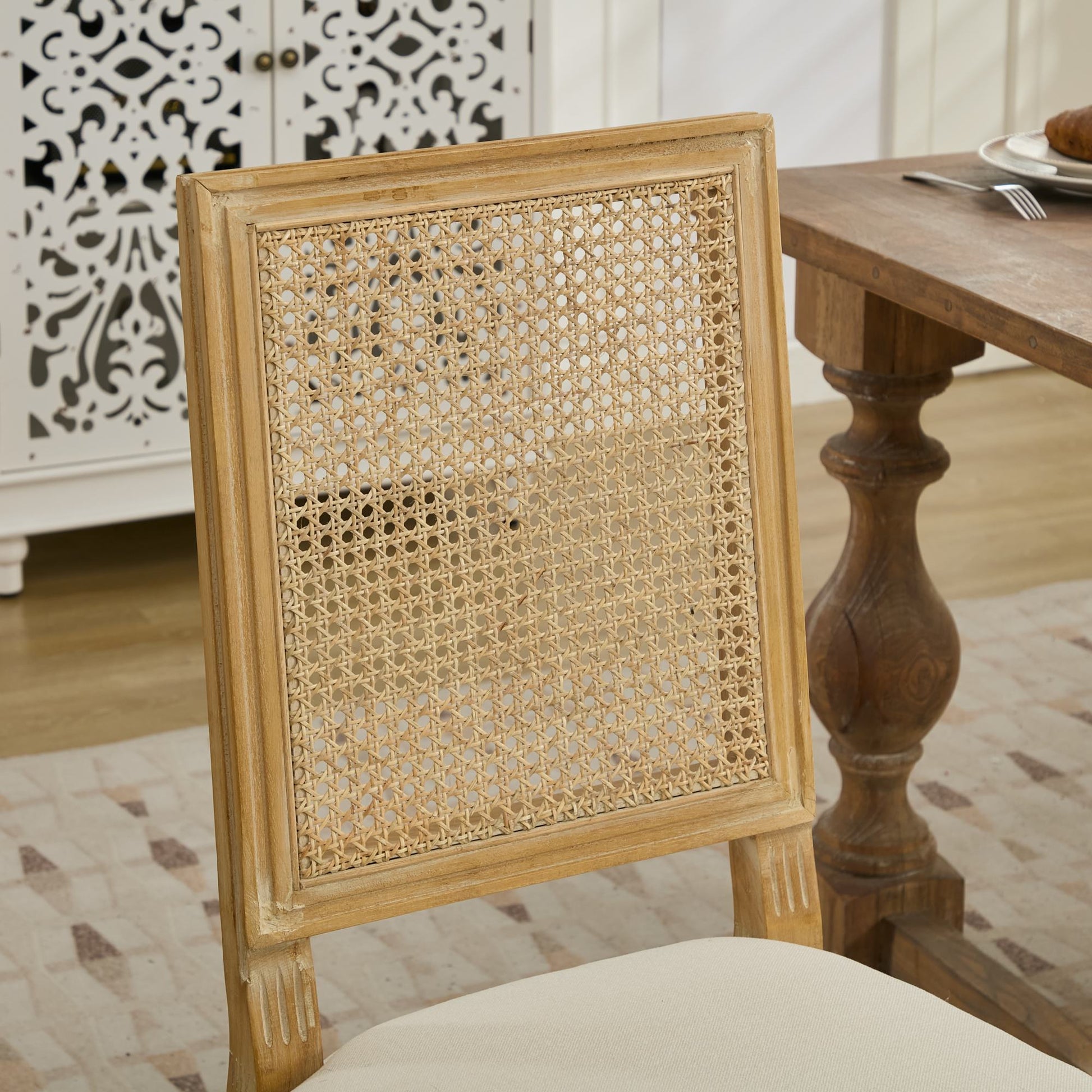 French Decor Chairs Set of 2, Louis Dining Chairs with Square Rattan Backrest and Exquisitely Carved Solid Wood Frame for Living Room, Kitchen, Restaurant,SW1779BG, Beige image 11