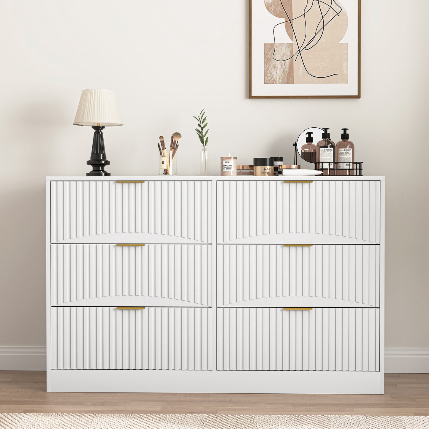 Modern 6-Drawer Dresser, Chest of Drawers for Bedroom, Living Room, Hallway, and Entryway - Large Storage Cabinet, White,Drawer panel with wavy patterns image 1