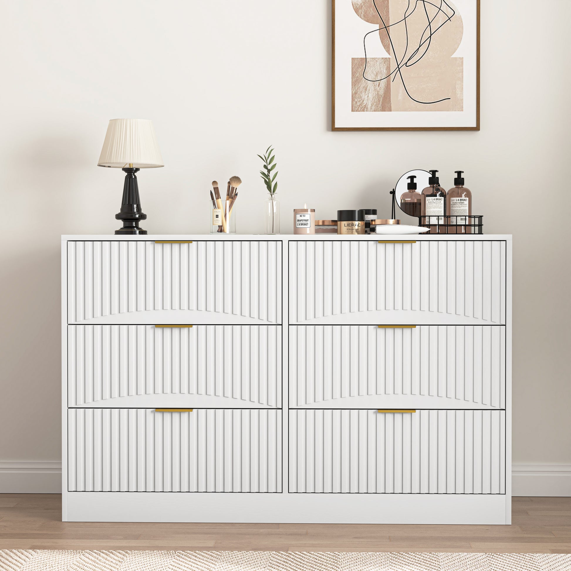 Modern 6-Drawer Dresser, Chest of Drawers for Bedroom, Living Room, Hallway, and Entryway - Large Storage Cabinet, White,Drawer panel with wavy patterns image 1