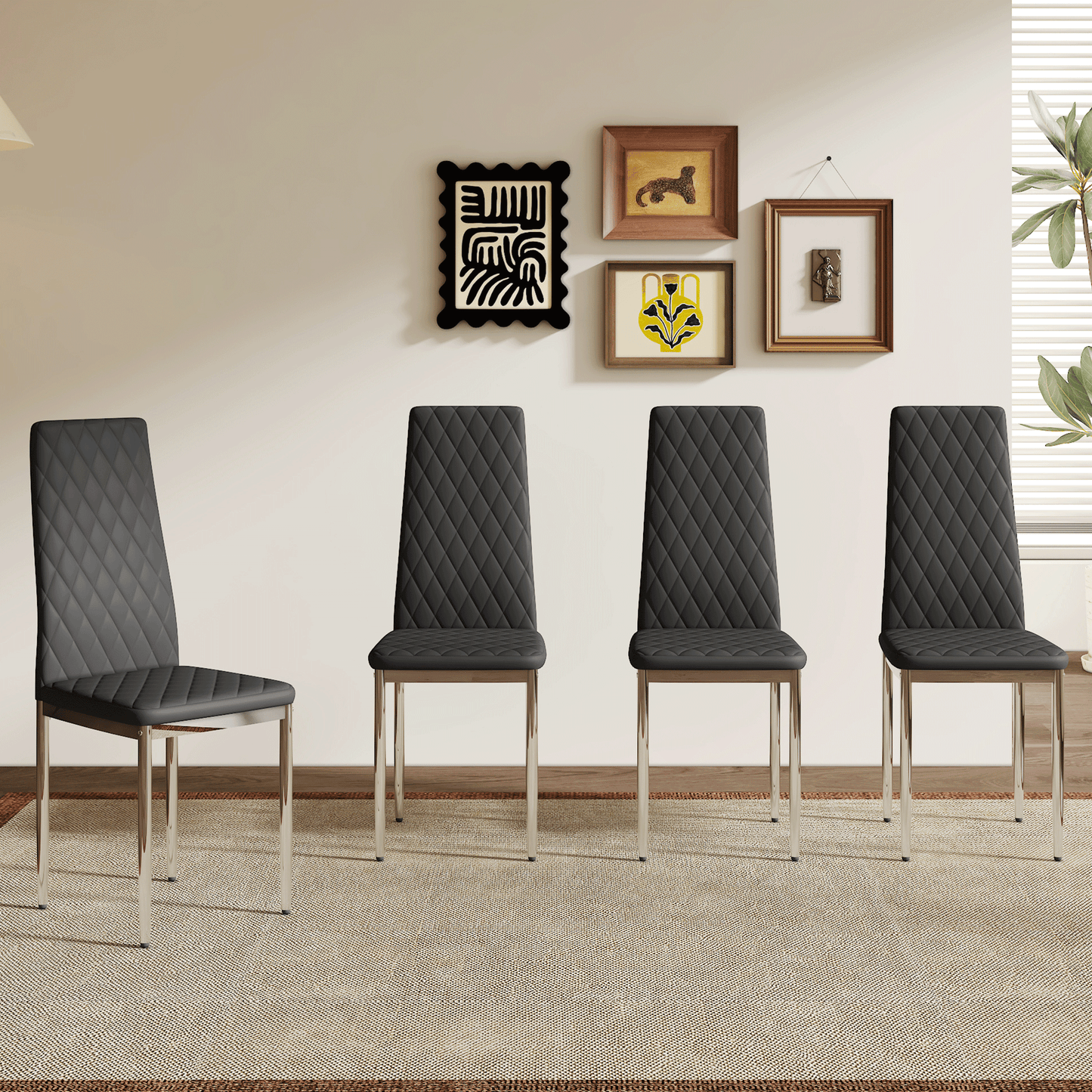 Modern Style Dining Chairs Set of 4 in Black, Essential for Minimalist Homes.Meeting Family Dining Needs,PU Material Seat,Silver Metal Legs,Blending into Various Home Environments.W1151107272 image 3