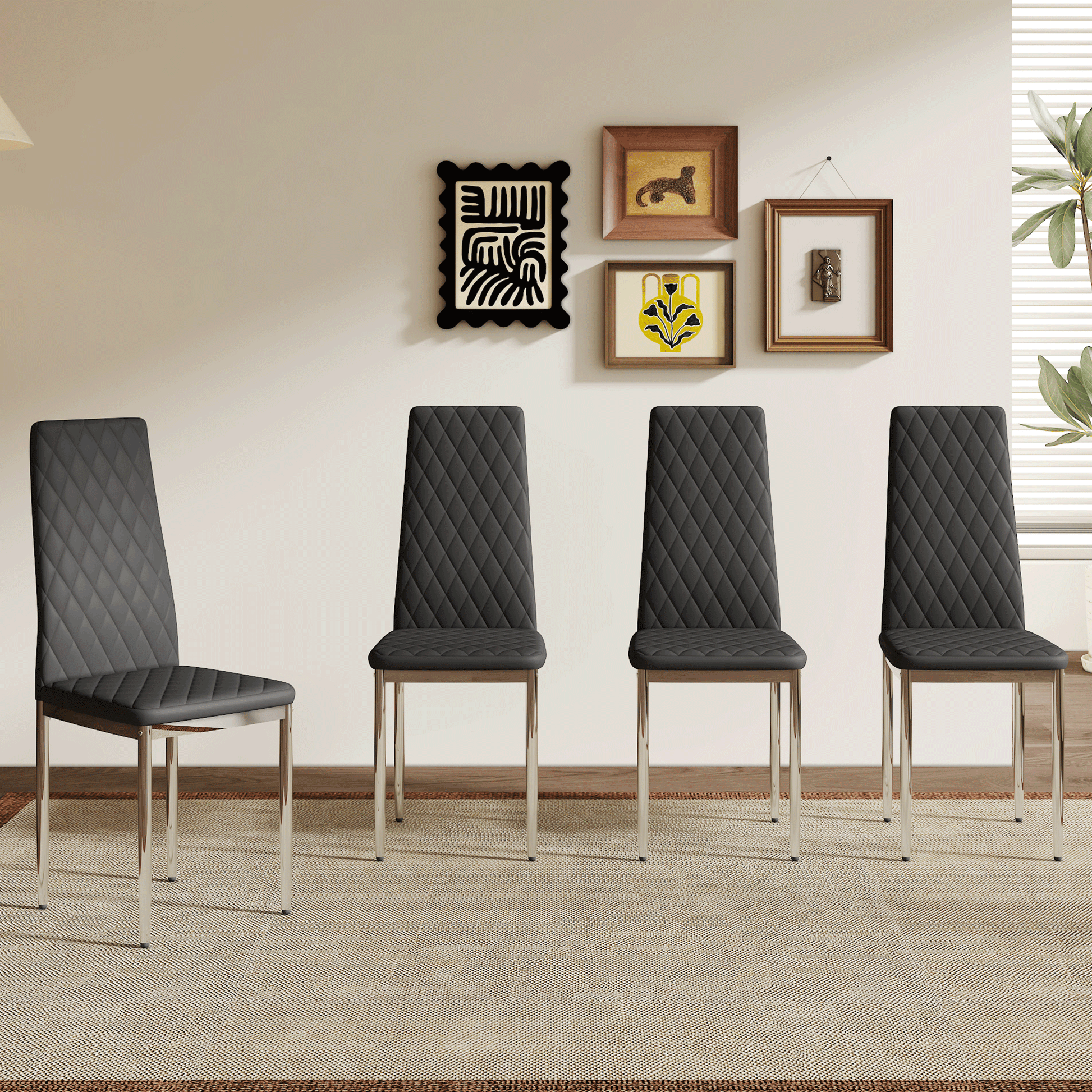 Modern Style Dining Chairs Set of 4 in Black, Essential for Minimalist Homes.Meeting Family Dining Needs,PU Material Seat,Silver Metal Legs,Blending into Various Home Environments.W1151107272 image 3