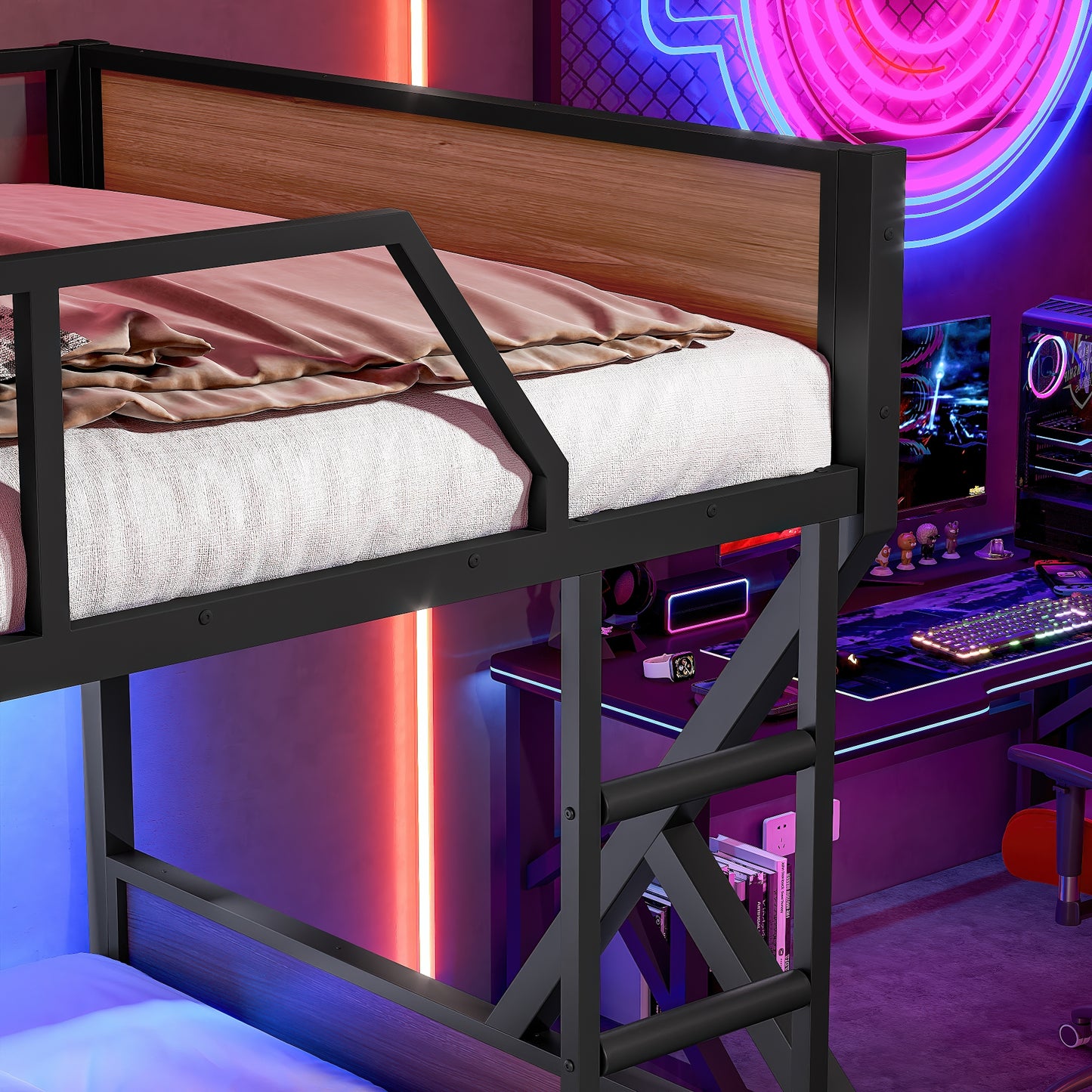 Full over Full Bunk Bed, Metal Bunk Bed with Storage Shelves and Lights, Space-saving & Noise-free Design, Black image 6