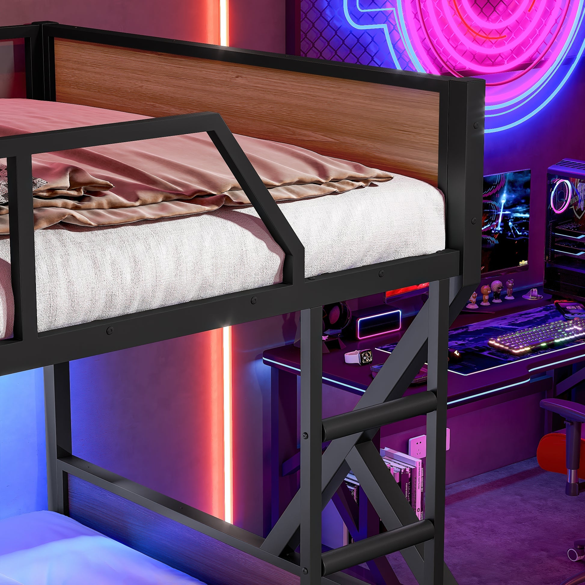 Full over Full Bunk Bed, Metal Bunk Bed with Storage Shelves and Lights, Space-saving & Noise-free Design, Black image 6