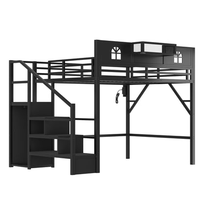 Queen Size Loft Bed with Stairs, Metal Queen Loft Bed with High and House Shaped Guardrails, High Loft Bed with Wardrobe for Kids Teens, black (Expect Arrival Date2026/3/17) image 9