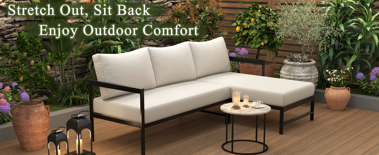 U_style Outdoor L-Shaped Sofa with Iron Frame,Weather-Resistant Patio Sofa Set with Ultra-Thick Cushions,Comfortable Seating for 3,Ideal for Patio, Balcony,and Garden image 3