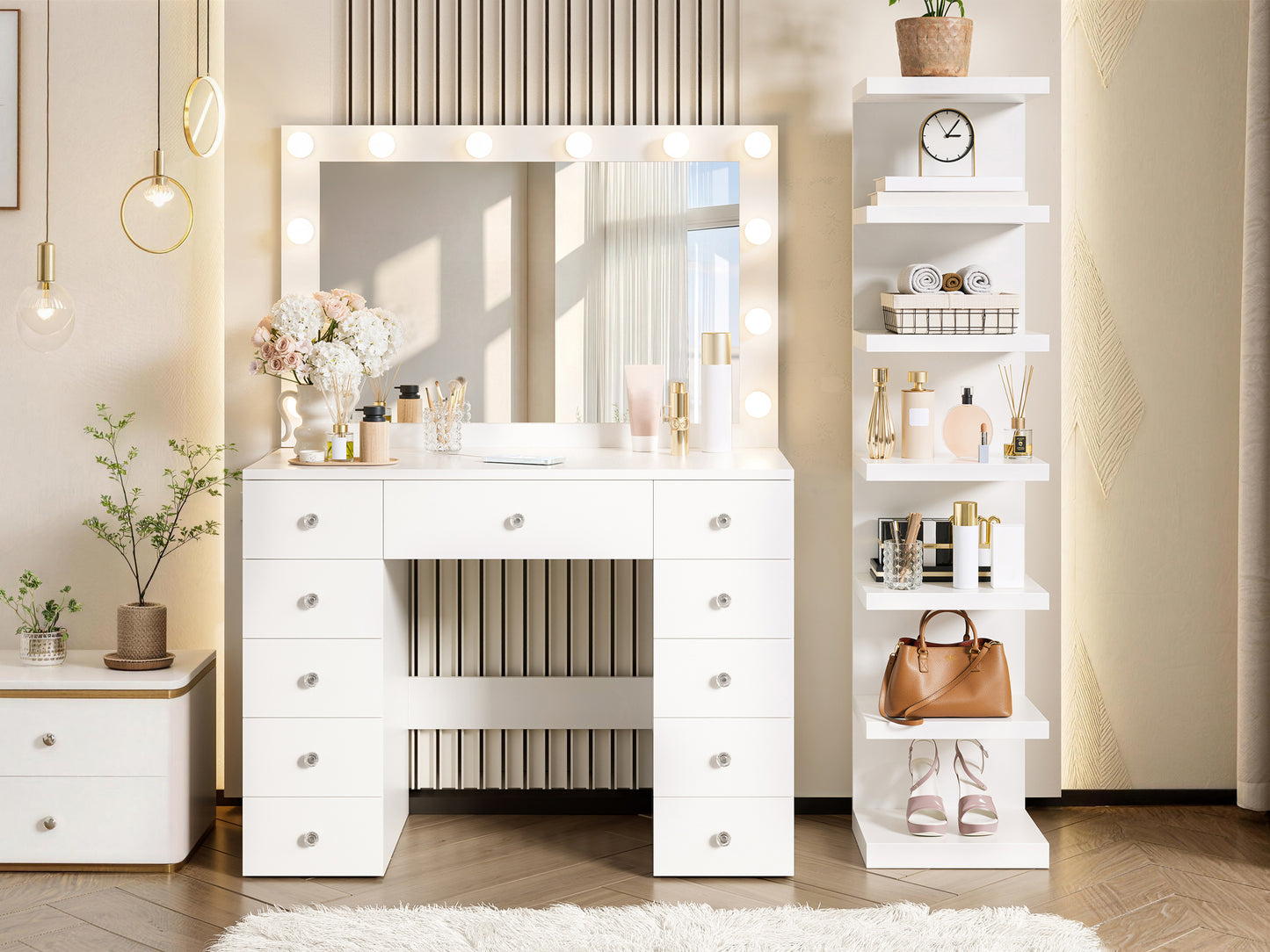 Vanity Desk with 11 Hollywood Bulbs & 7-Tier Storage Shelves, Makeup Vanity Desk with Power Outlet and 11 Drawers, 3 Color Lighting Modes, Dressing Table with Display Shelf Crystal Handles,White image 8