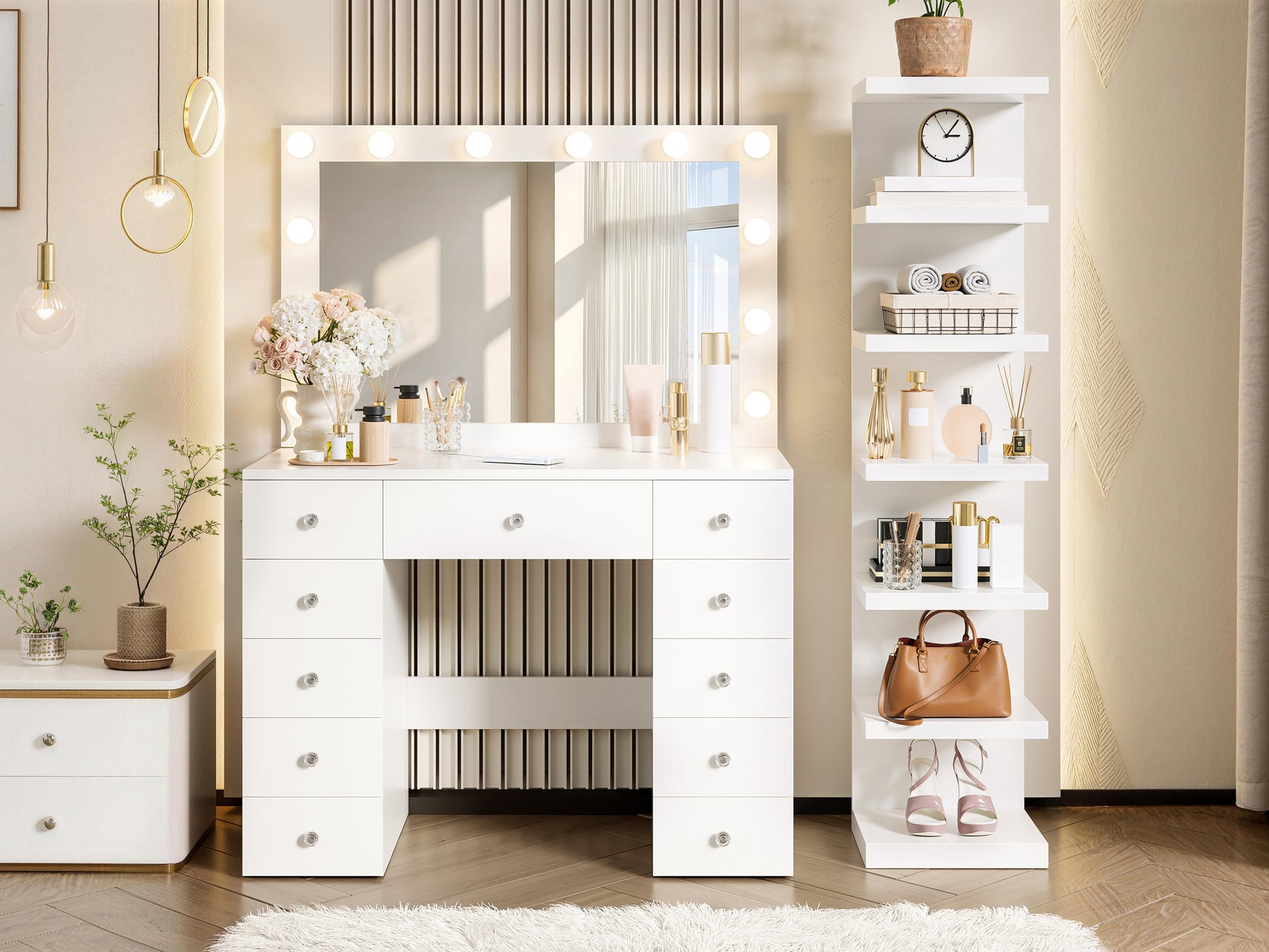 Vanity Desk with 11 Hollywood Bulbs & 7-Tier Storage Shelves, Makeup Vanity Desk with Power Outlet and 11 Drawers, 3 Color Lighting Modes, Dressing Table with Display Shelf Crystal Handles,White image 8