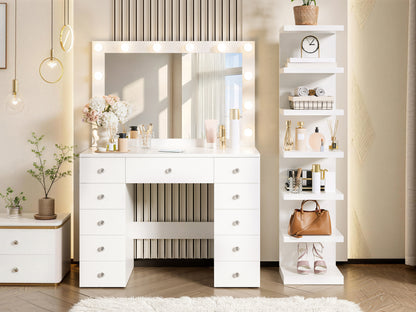 Vanity Desk with 11 Hollywood Bulbs & 7-Tier Storage Shelves, Makeup Vanity Desk with Power Outlet and 11 Drawers, 3 Color Lighting Modes, Dressing Table with Display Shelf Crystal Handles,White image 8