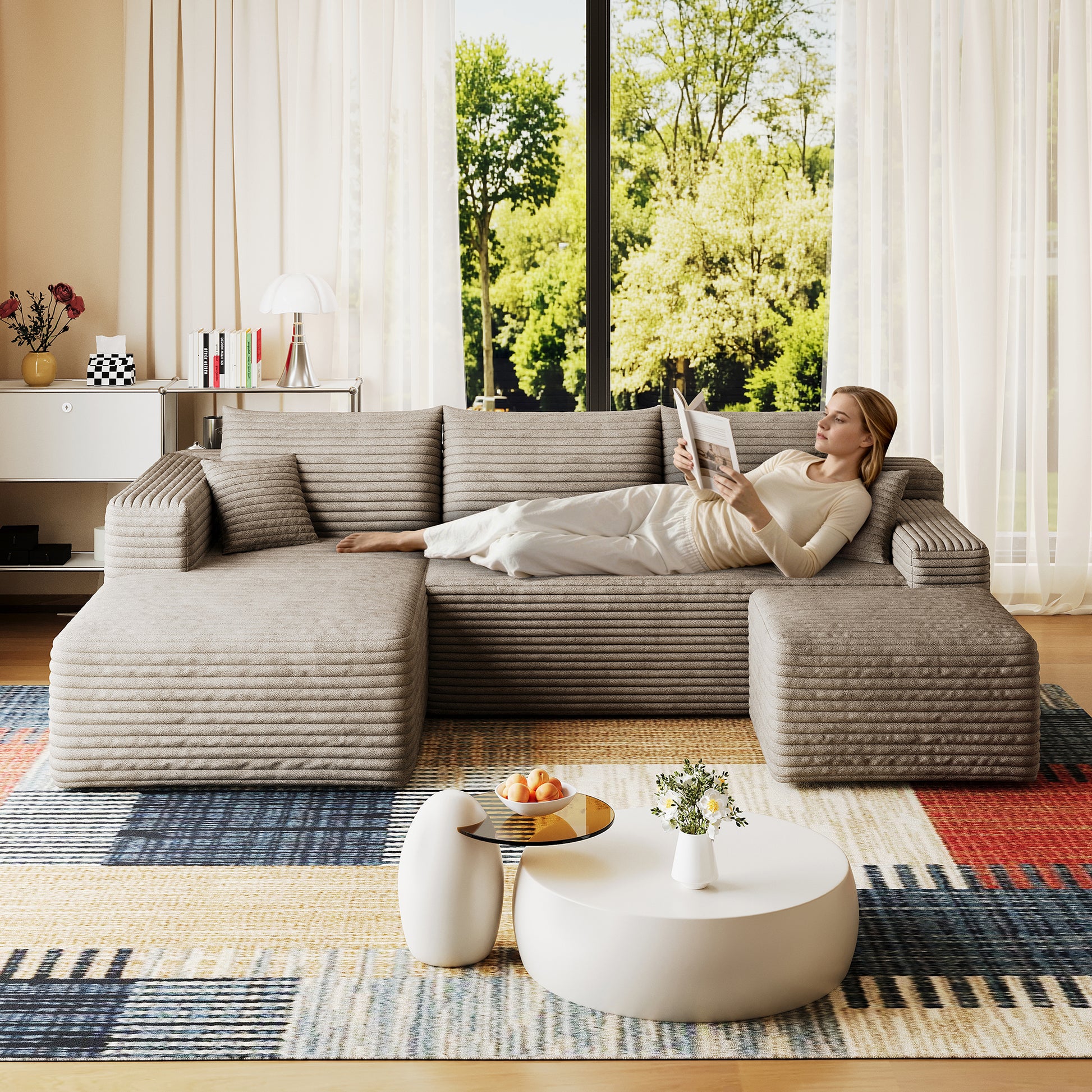 95" Cloud Sectional Sofa with 1 Ottoman,Modern Minimalist Upholstered Couches, Comfort U Shaped Sofa for Living Room,Deep Seat Corner Couch,No Assembly Required,Camel((Plush Corduroy Fabric) image 2