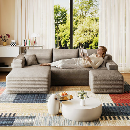 95" Cloud Sectional Sofa with 1 Ottoman,Modern Minimalist Upholstered Couches, Comfort U Shaped Sofa for Living Room,Deep Seat Corner Couch,No Assembly Required,Camel((Plush Corduroy Fabric) image 2