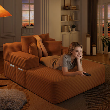 Luxurious Plush Corduroy Chaise Lounge with 3 Pillows, Convertible Sofa Bed with Storage Pocket, Frameless Design & Compression Foam for Small Spaces, Living Room, Apartment,Orange image 6
