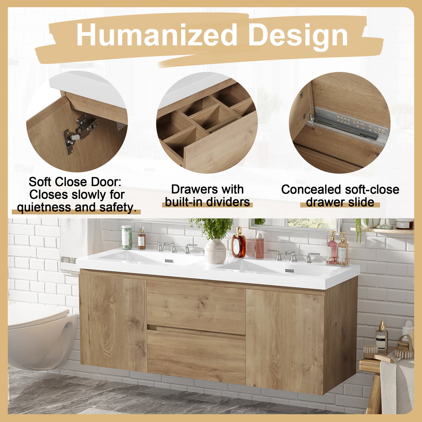 [Video]59.3 Inch Double Sink Bathroom Vanity with SMC Top, MDF Cabinet, Soft Close Doors, Divided Drawers, Wall-Mounted Modern Storage Vanity for Large Bathrooms image 7