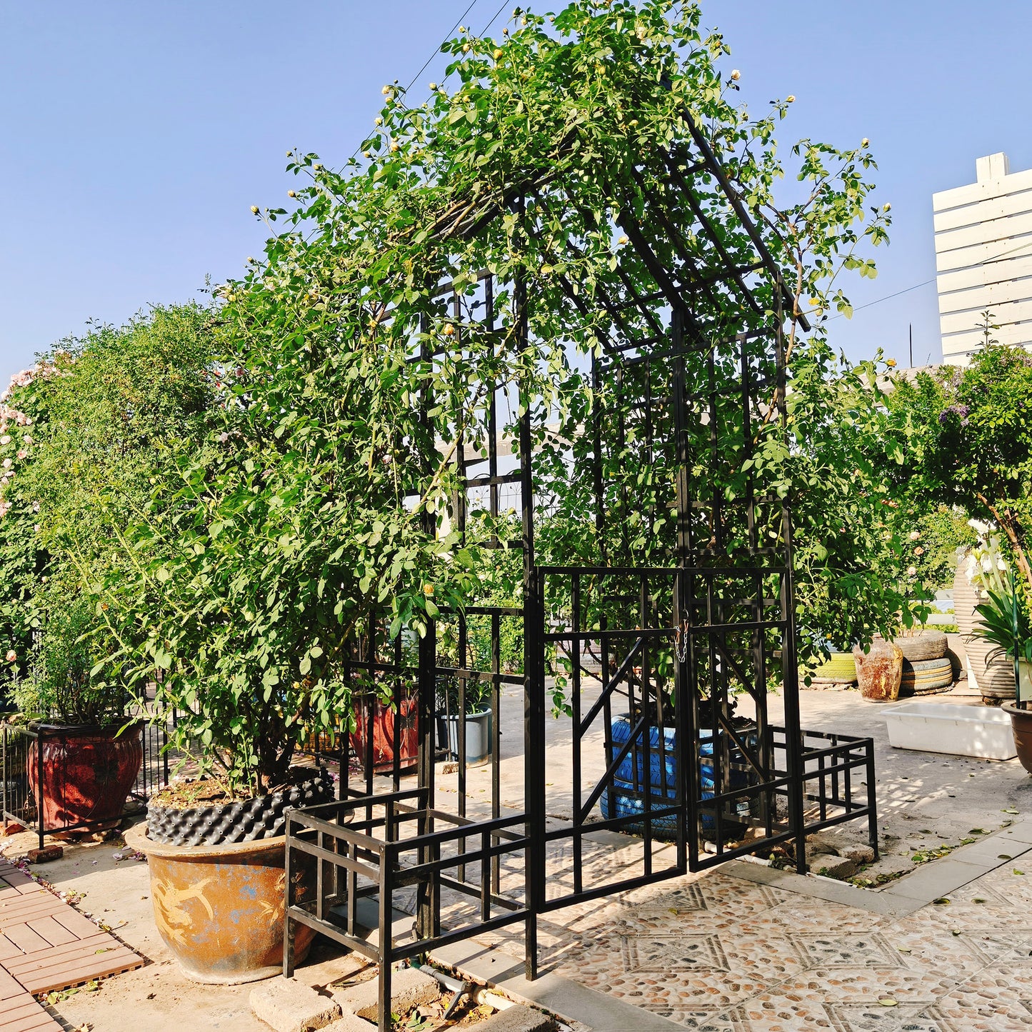 Metal Garden Arch with Gate with planter W80.71*H97.24 Climbing Plants Support Rose Arch Outdoor Black image 6