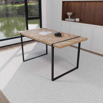 59" MDF light wood dining table and modern dining chair set of 4 pieces, medieval wooden kitchen dining table set, black rectangular metal base, dining table and suede chair set image 8